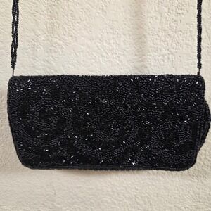 La Regale Black Beaded Evening Bag Crossbody Clutch Vintage Style Swirl Pattern